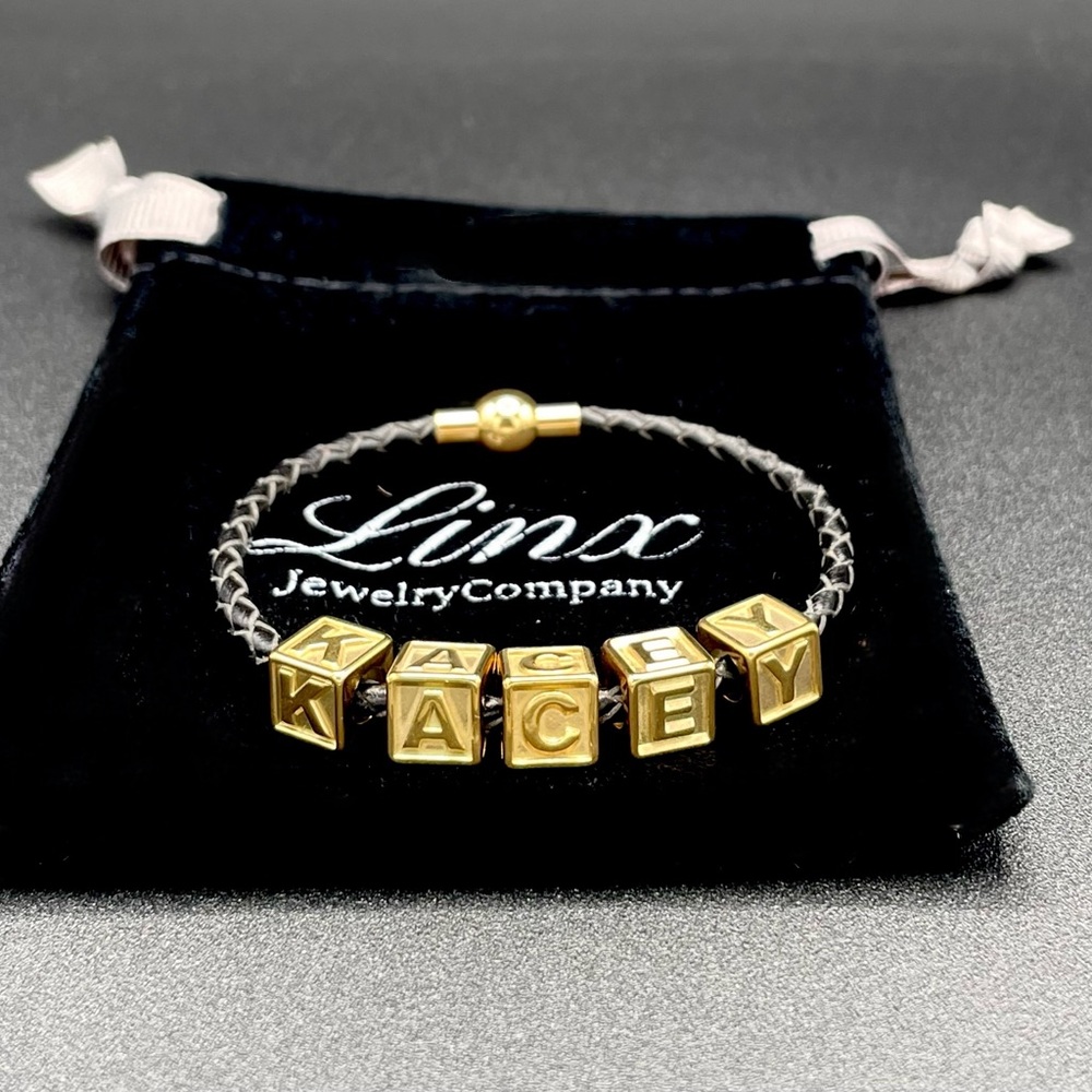 Linx Black Leather Braided Charm Bracelet Gold Magnetic Clasp & Name Letters